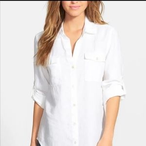 Tommy Bahama 100% Linen Button Front Roll Tab Long Sleeve Top